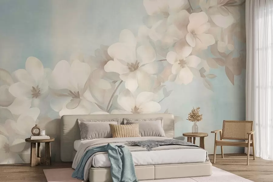 Papier peint Des fleurs blanches sur une branche, des couleurs pastel douces, un fond texturé bleu clair w10107