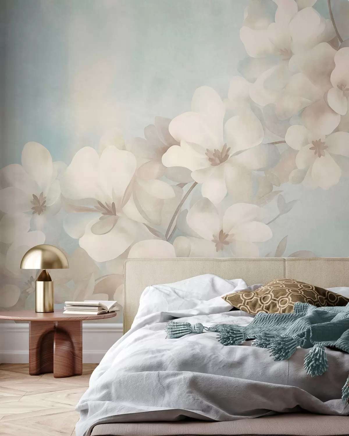 Papier peint Des fleurs blanches sur une branche, des couleurs pastel douces, un fond texturé bleu clair w10107