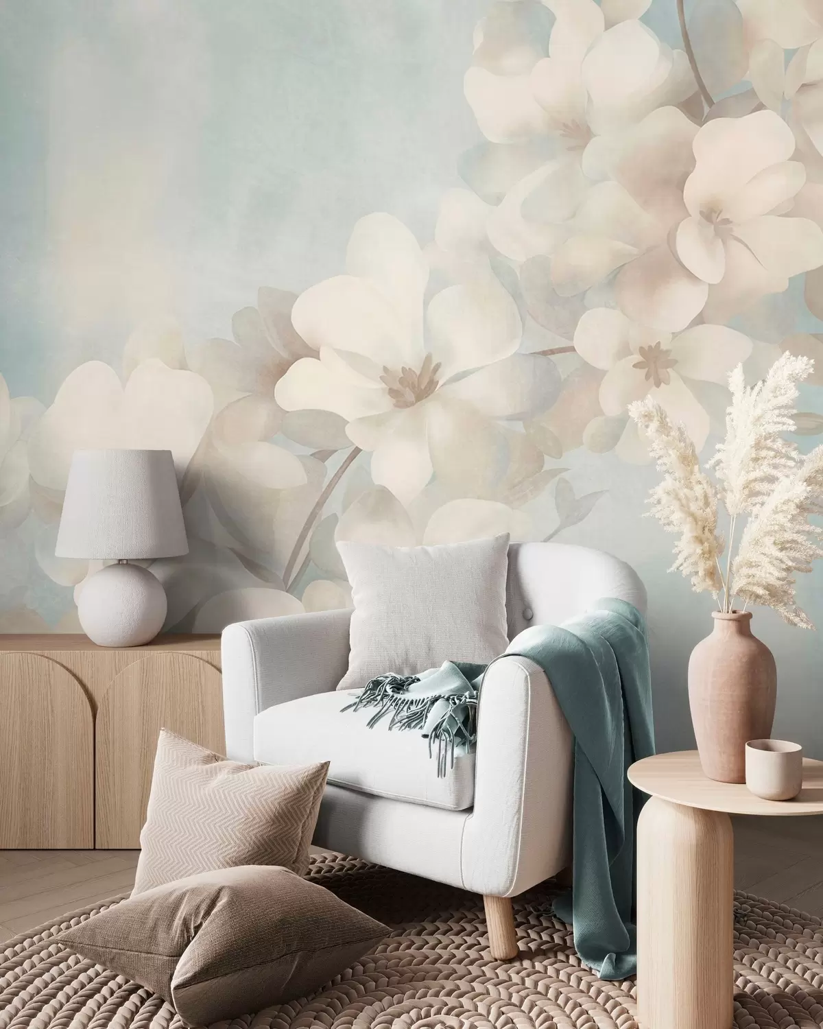 Papier peint Des fleurs blanches sur une branche, des couleurs pastel douces, un fond texturé bleu clair w10107