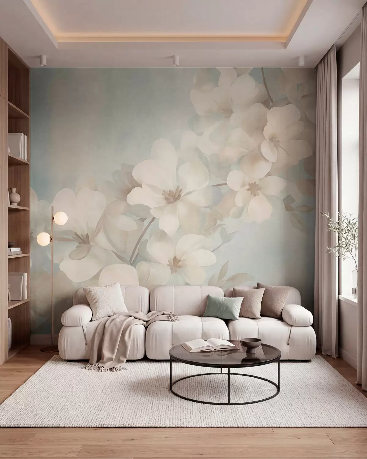 Papier peint Des fleurs blanches sur une branche, des couleurs pastel douces, un fond texturé bleu clair w10107