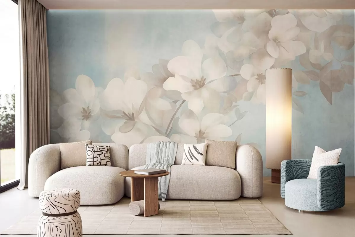 Papier peint Des fleurs blanches sur une branche, des couleurs pastel douces, un fond texturé bleu clair w10107