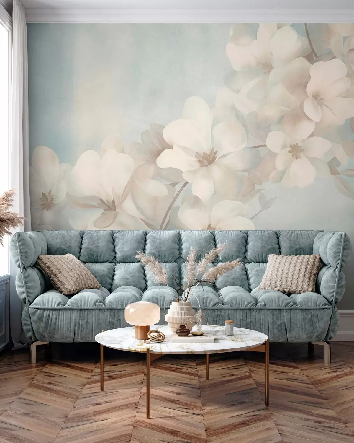Papier peint Des fleurs blanches sur une branche, des couleurs pastel douces, un fond texturé bleu clair w10107