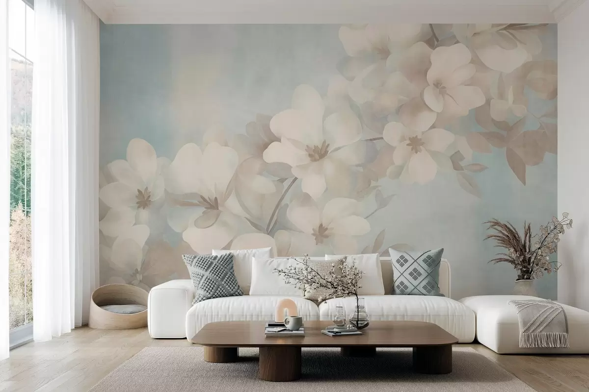 Papier peint Des fleurs blanches sur une branche, des couleurs pastel douces, un fond texturé bleu clair w10107