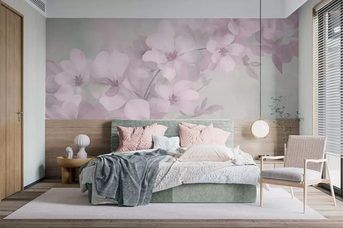 Papier peint Des fleurs blanches sur une branche, des couleurs pastel douces, un fond texturé vert clair w10107v1