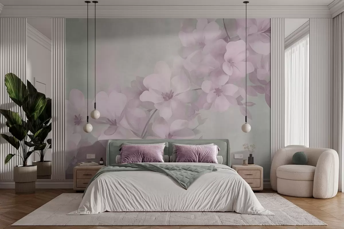 Papier peint Des fleurs blanches sur une branche, des couleurs pastel douces, un fond texturé vert clair w10107v1