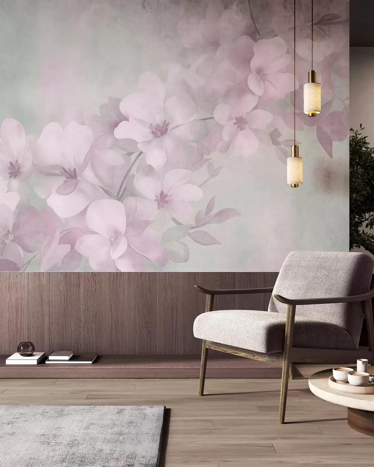 Papier peint Des fleurs blanches sur une branche, des couleurs pastel douces, un fond texturé vert clair w10107v1