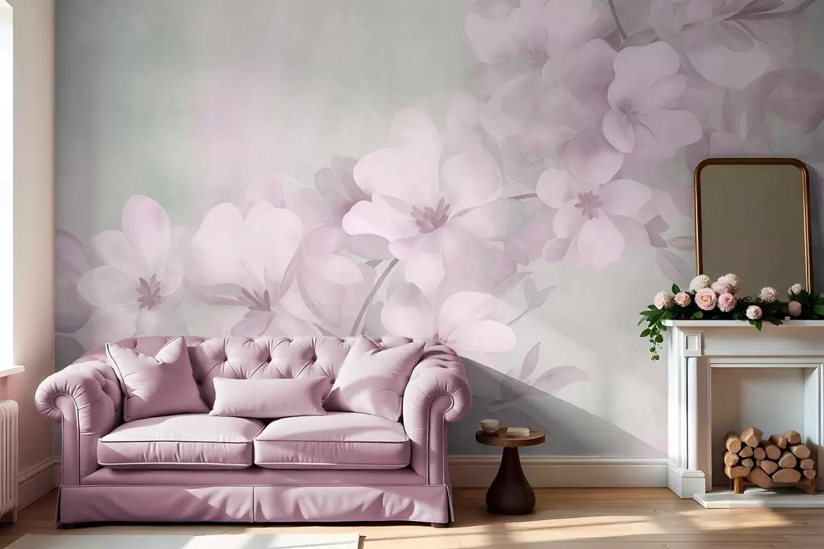 Papier peint Des fleurs blanches sur une branche, des couleurs pastel douces, un fond texturé vert clair w10107v1