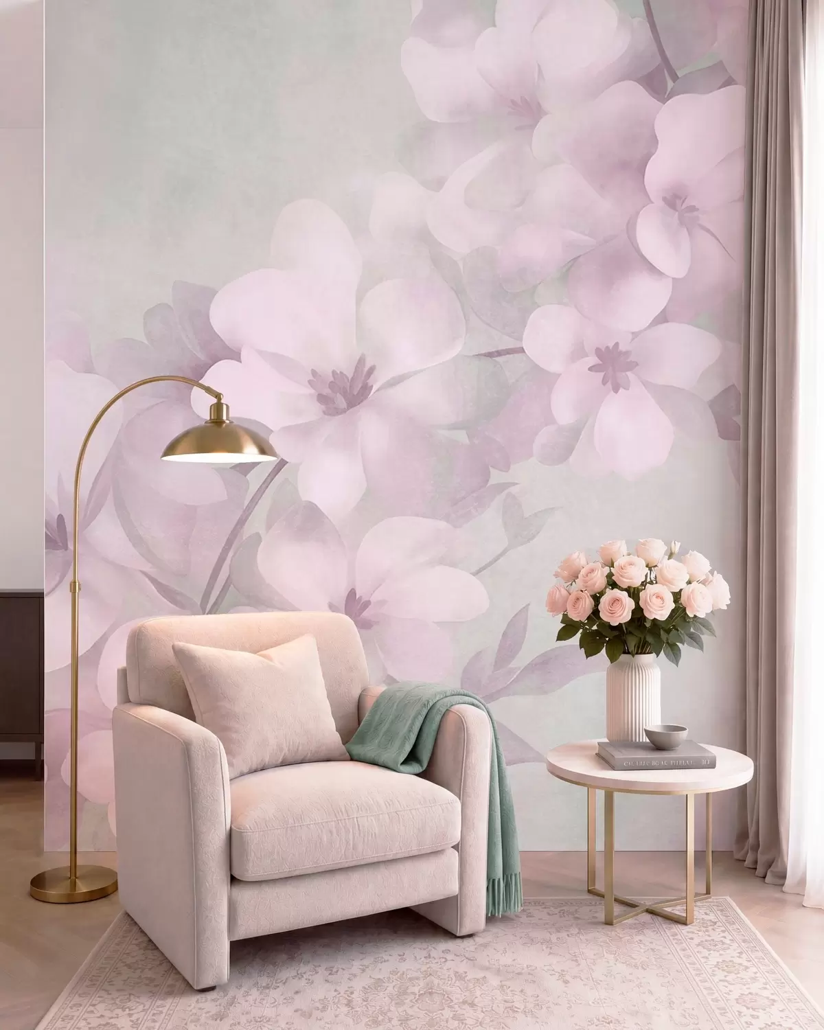 Papier peint Des fleurs blanches sur une branche, des couleurs pastel douces, un fond texturé vert clair w10107v1