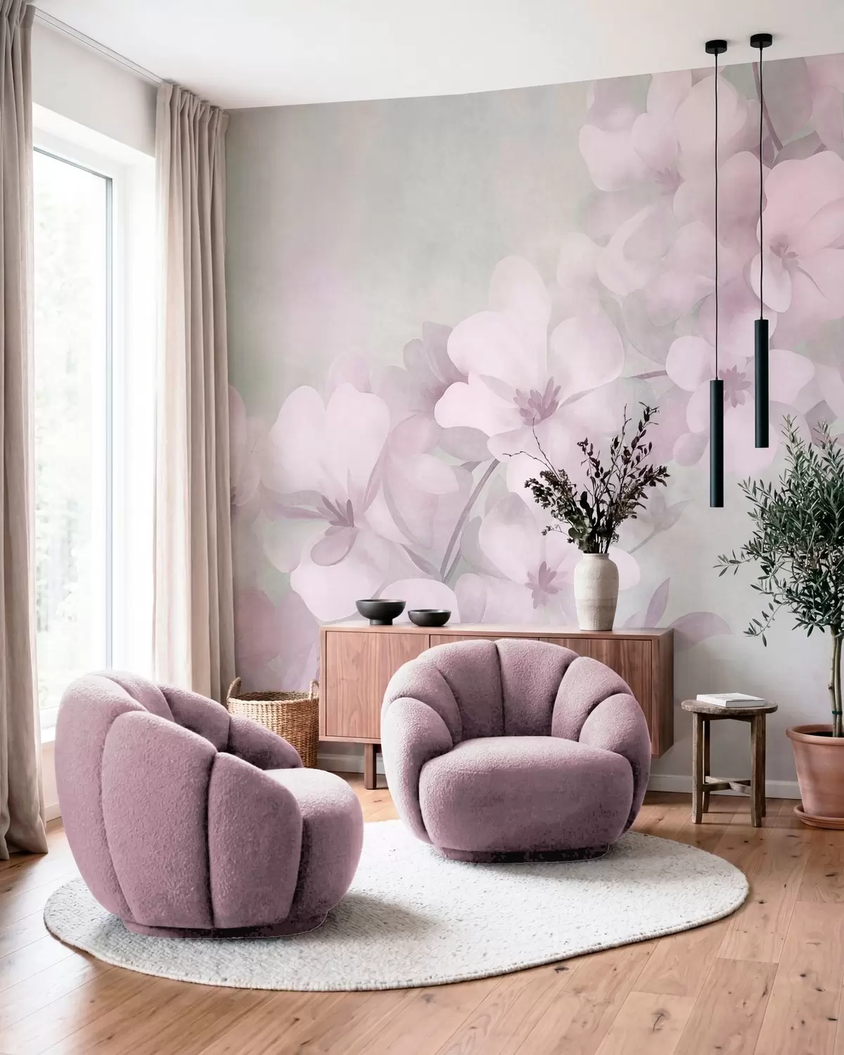 Papier peint Des fleurs blanches sur une branche, des couleurs pastel douces, un fond texturé vert clair w10107v1