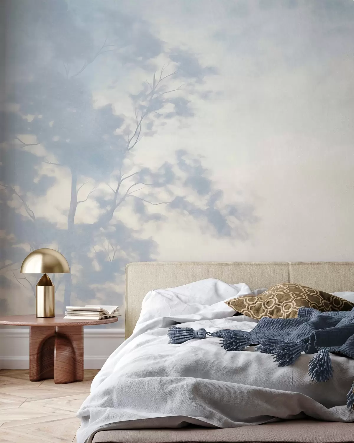 Papier peint Arbre texturé avec des branches, sur fond crème pâle et bleu clair, œuvre d'art minimaliste w10108