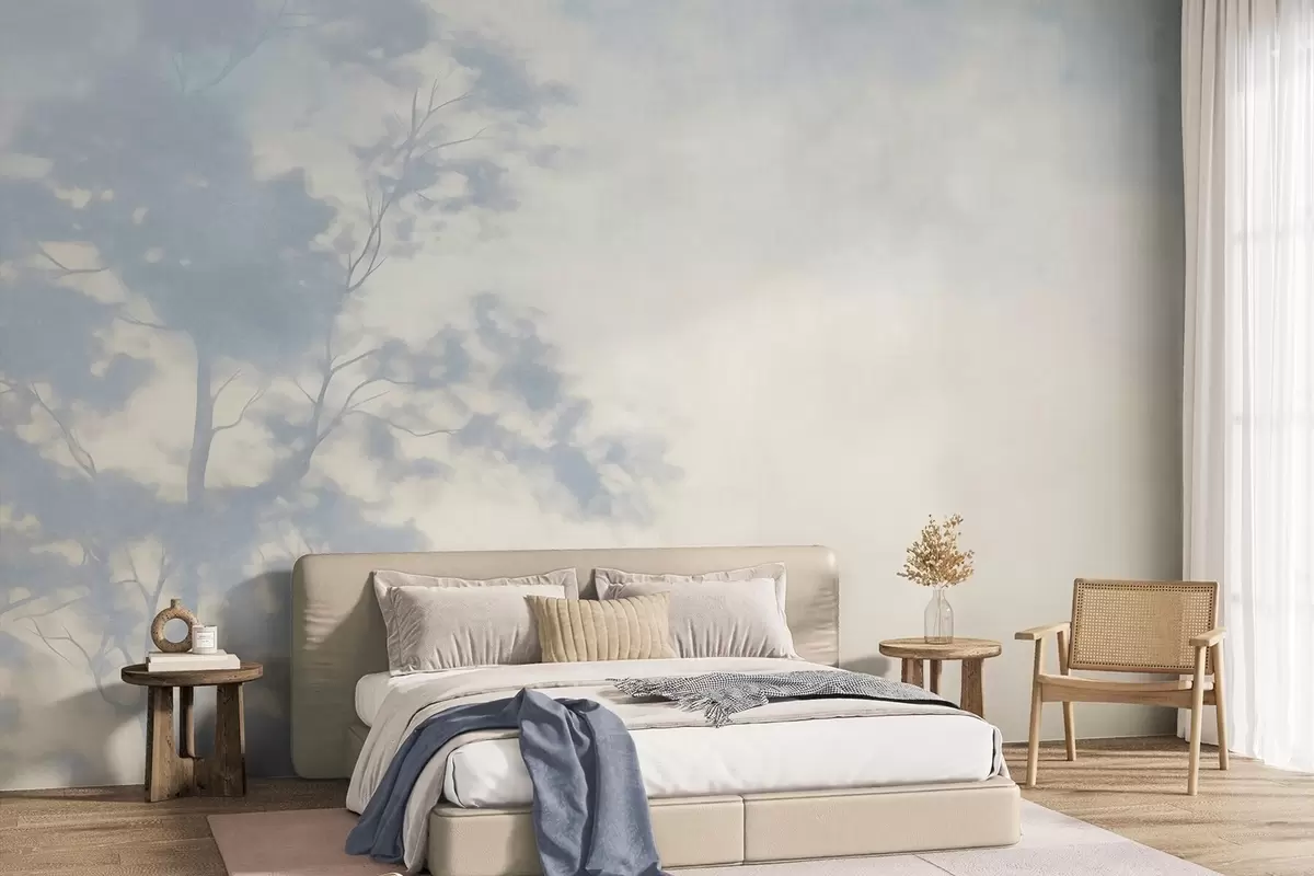 Papier peint Arbre texturé avec des branches, sur fond crème pâle et bleu clair, œuvre d'art minimaliste w10108