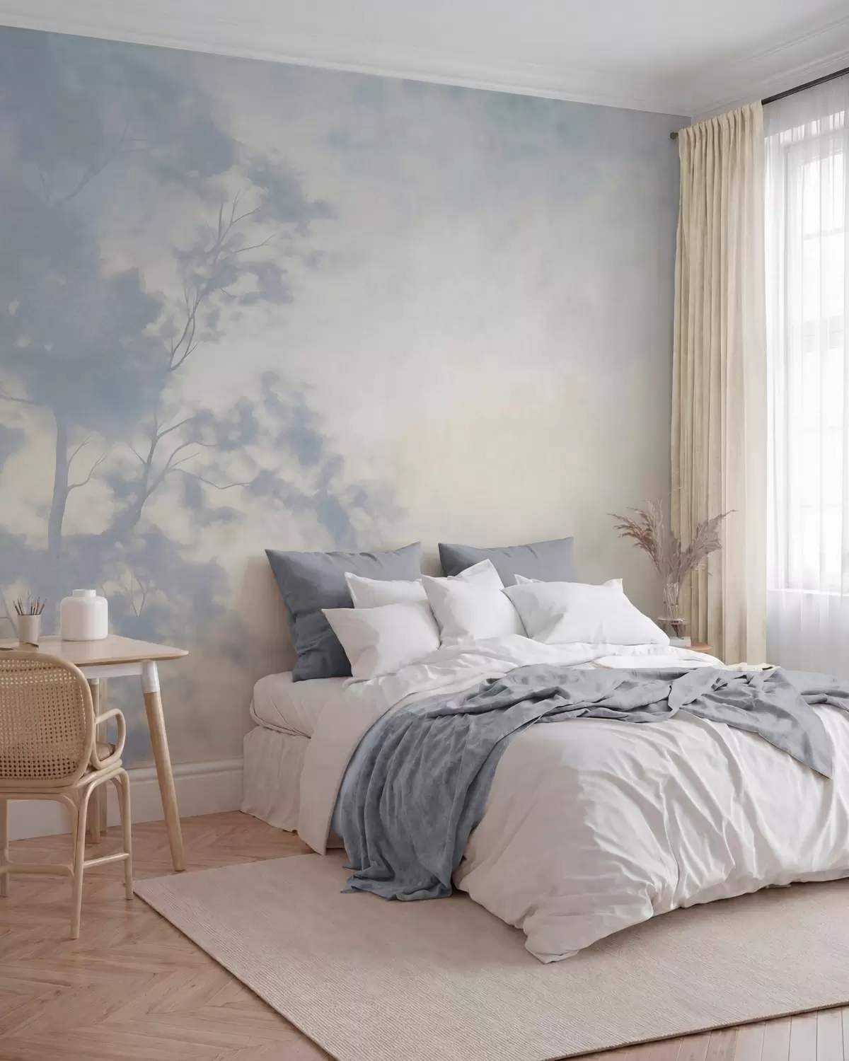 Papier peint Arbre texturé avec des branches, sur fond crème pâle et bleu clair, œuvre d'art minimaliste w10108