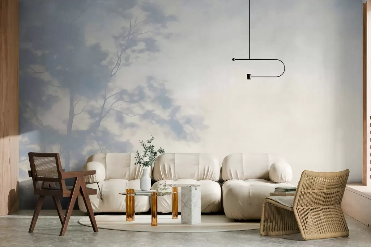 Papier peint Arbre texturé avec des branches, sur fond crème pâle et bleu clair, œuvre d'art minimaliste w10108