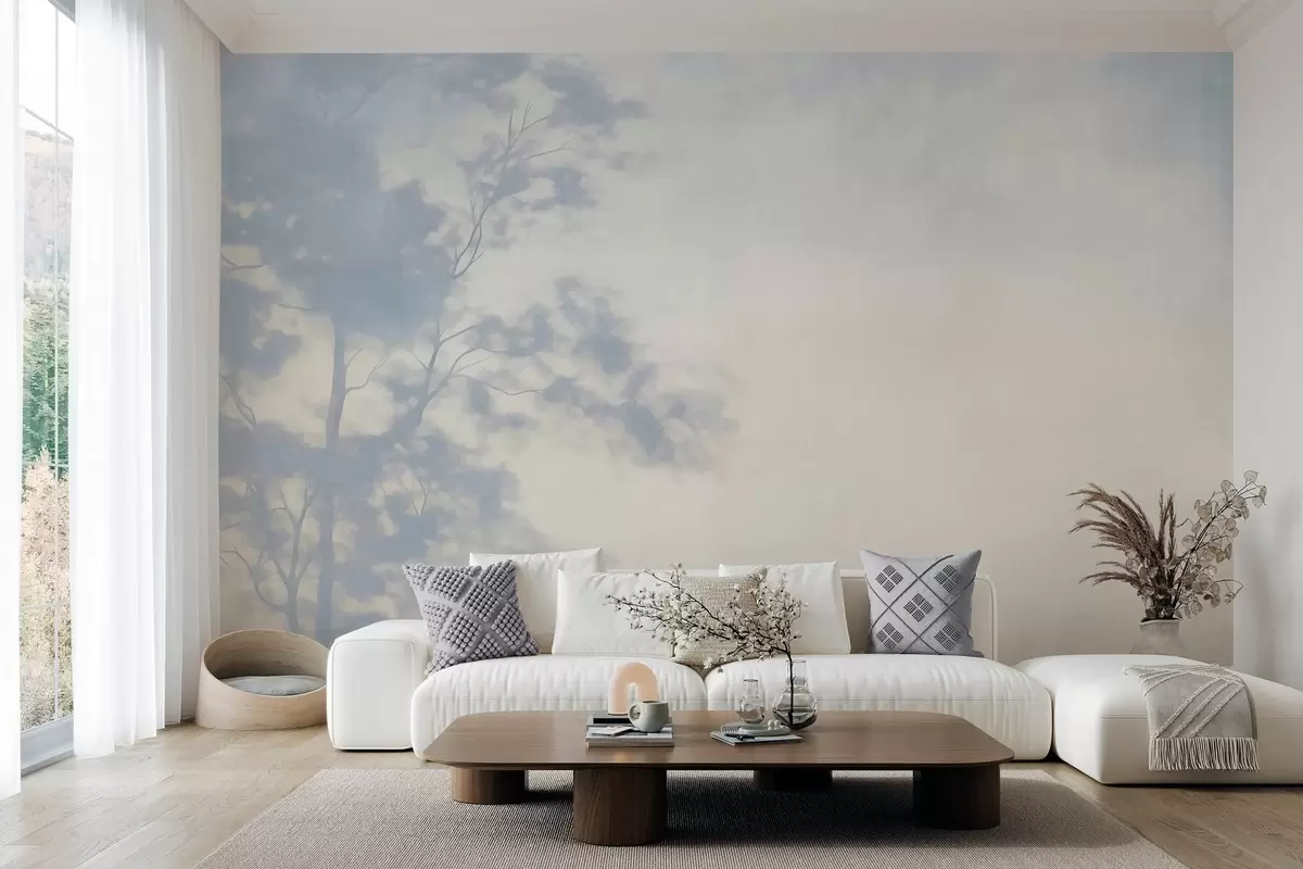 Papier peint Arbre texturé avec des branches, sur fond crème pâle et bleu clair, œuvre d'art minimaliste w10108