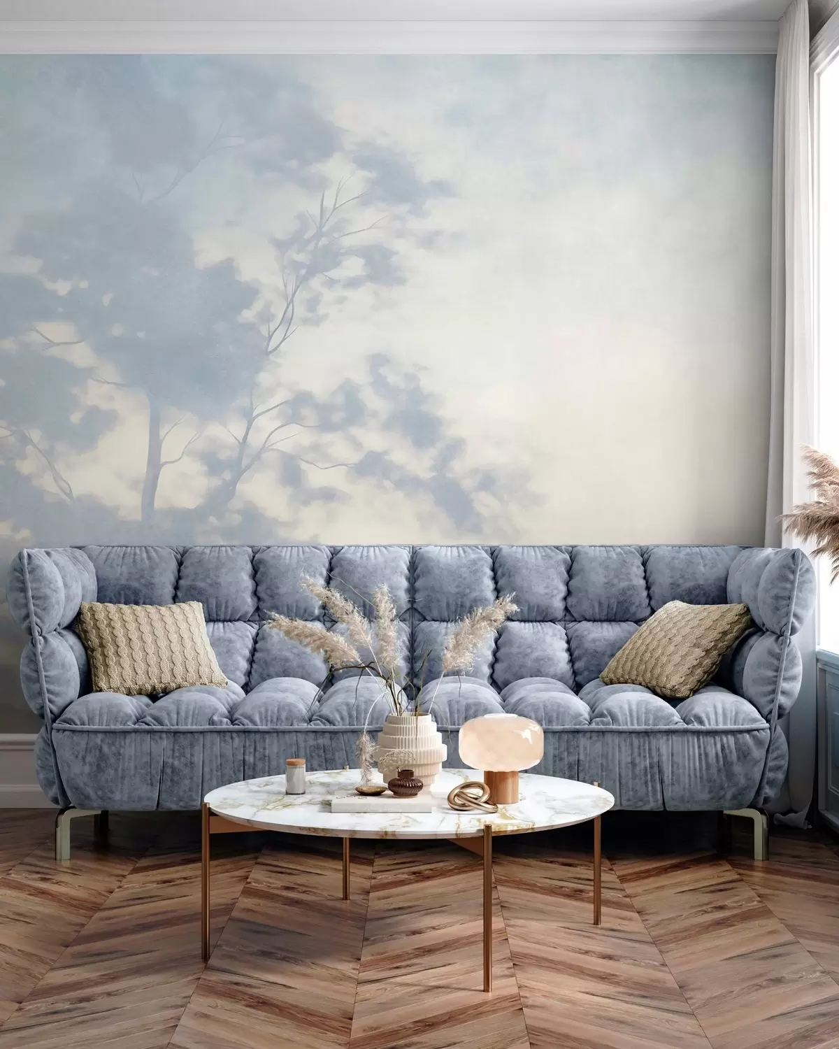 Papier peint Arbre texturé avec des branches, sur fond crème pâle et bleu clair, œuvre d'art minimaliste w10108