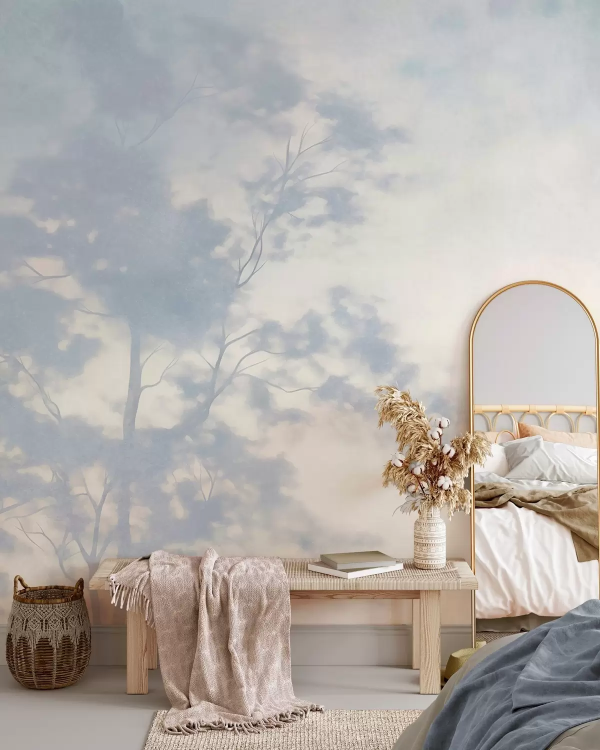 Papier peint Arbre texturé avec des branches, sur fond crème pâle et bleu clair, œuvre d'art minimaliste w10108