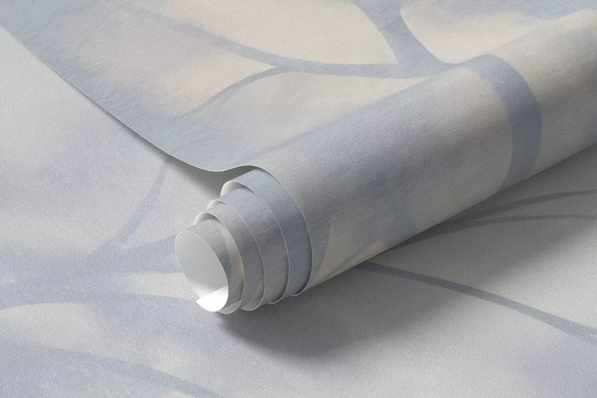 Papier peint Arbre texturé avec des branches, sur fond crème pâle et bleu clair, œuvre d'art minimaliste w10108