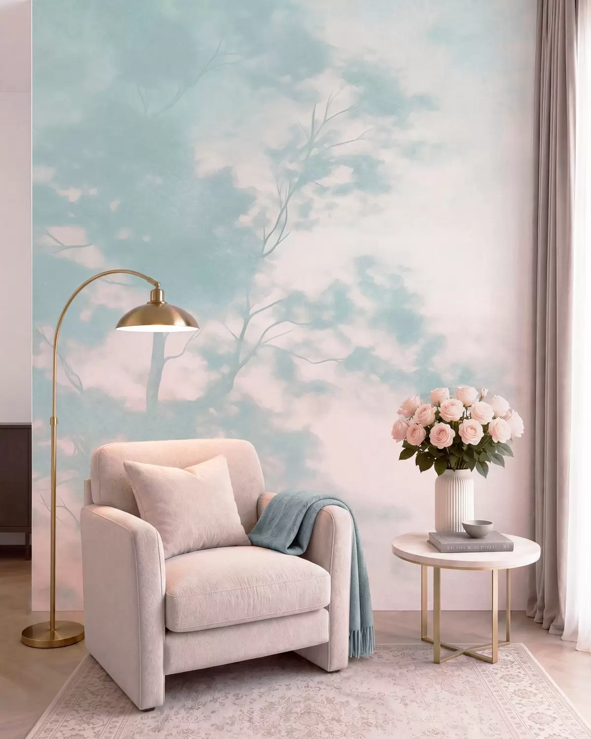 Papier peint Arbre texturé avec des branches, fond rose pâle et turquoise, art minimaliste w10108v1
