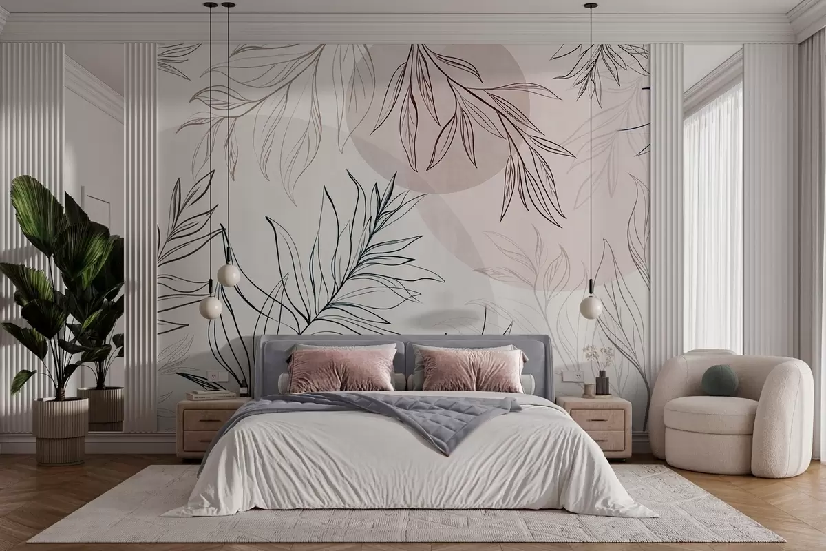 Papier peint Dessin au trait minimaliste représentant des feuilles et du feuillage tropicaux, ainsi que des formes circulaires aux couleurs pastel w10111