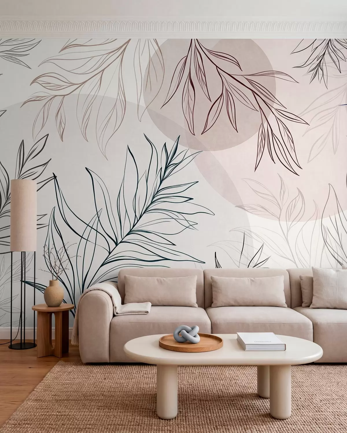 Papier peint Dessin au trait minimaliste représentant des feuilles et du feuillage tropicaux, ainsi que des formes circulaires aux couleurs pastel w10111