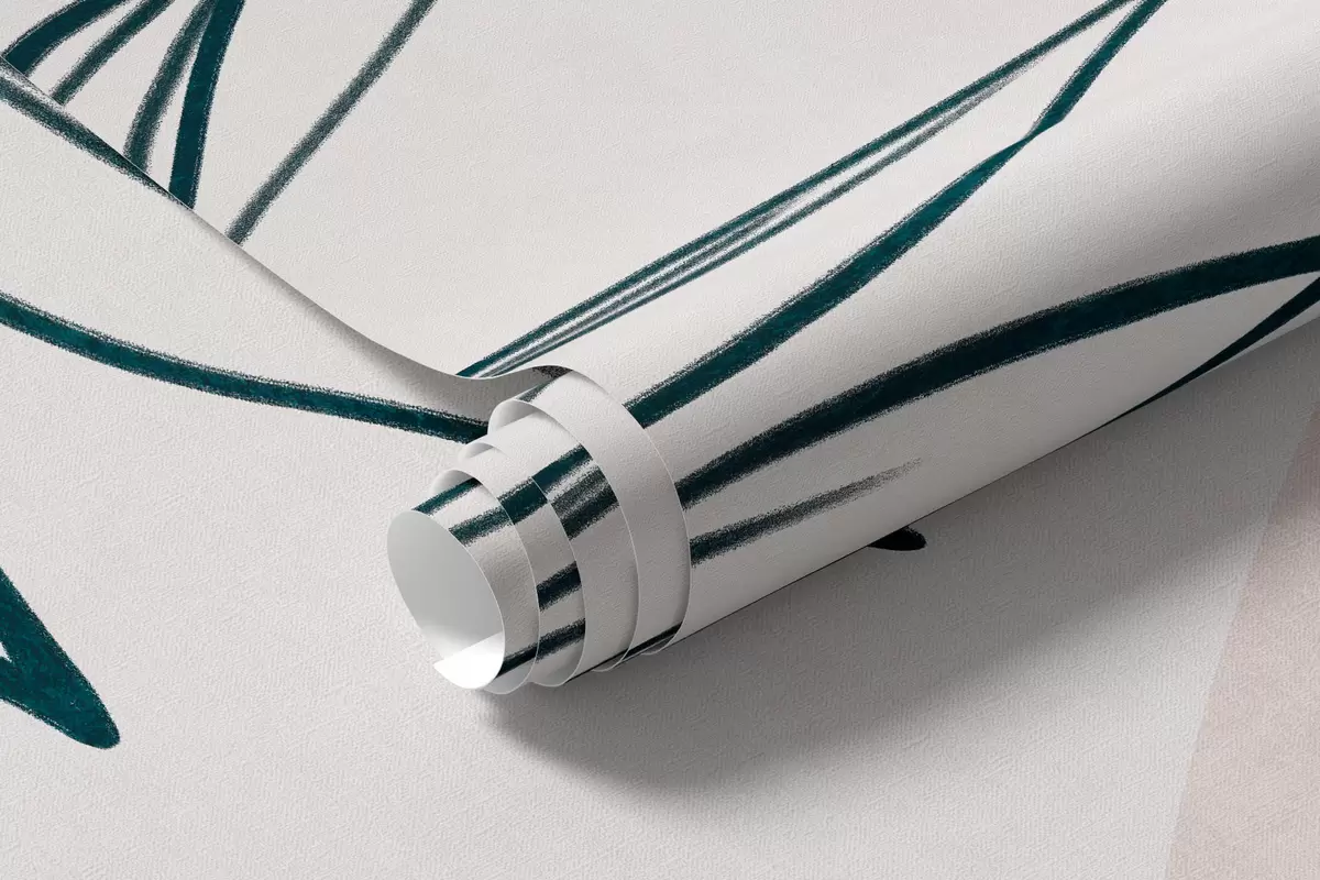 Papier peint Dessin au trait minimaliste représentant des feuilles et du feuillage tropicaux, ainsi que des formes circulaires aux couleurs pastel w10111