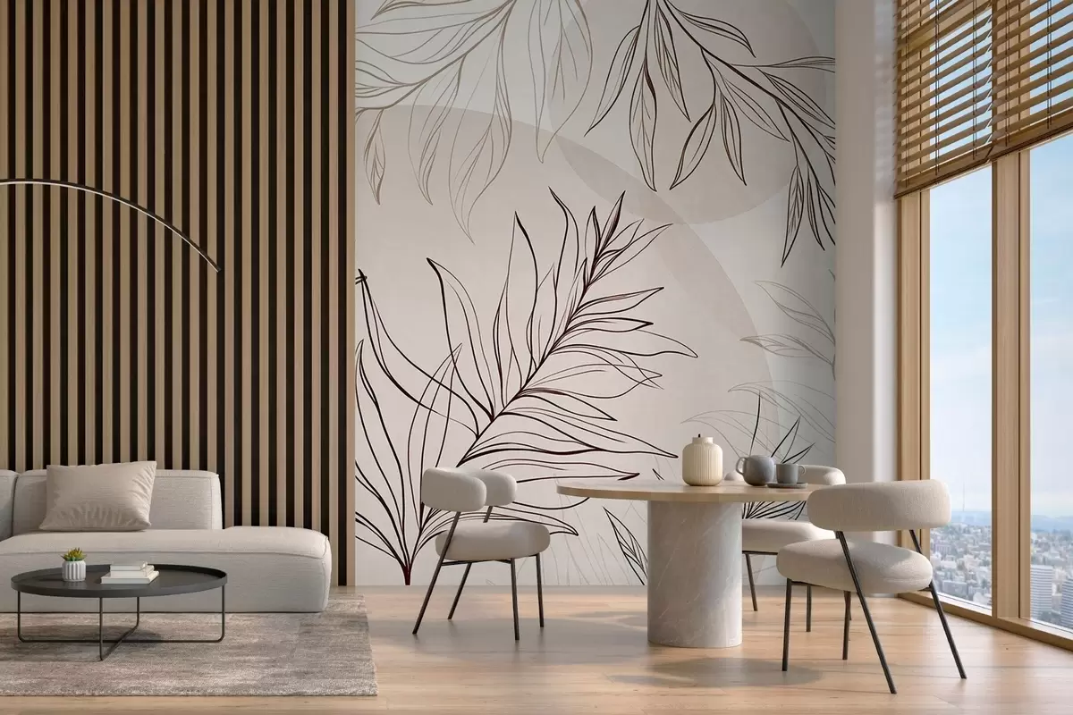 Papier peint Dessin au trait minimaliste représentant des feuilles et du feuillage tropicaux, ainsi que des formes circulaires aux couleurs pastel w10111v1