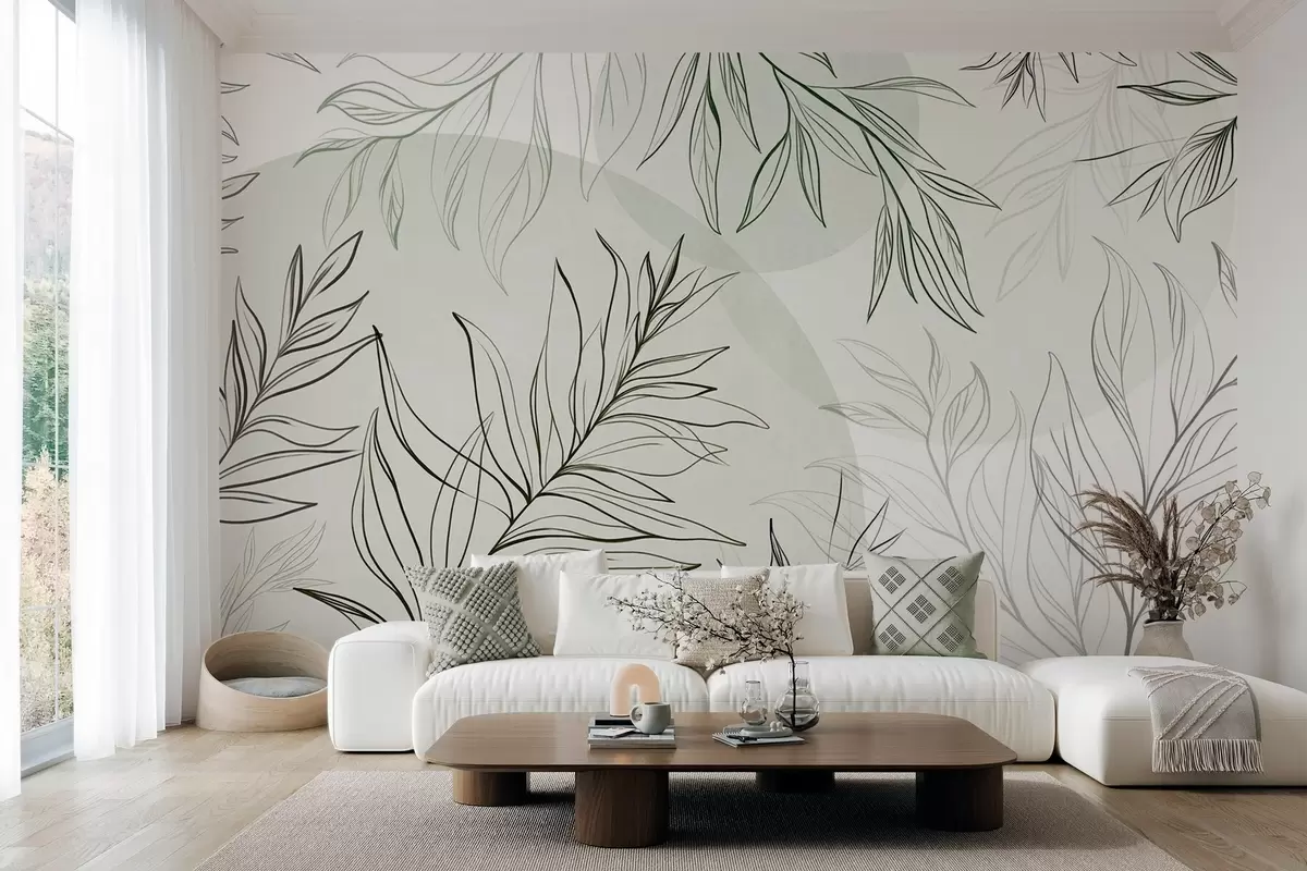 Papier peint Dessin au trait minimaliste représentant des feuilles et du feuillage tropicaux, ainsi que des formes circulaires aux couleurs pastel w10111v2