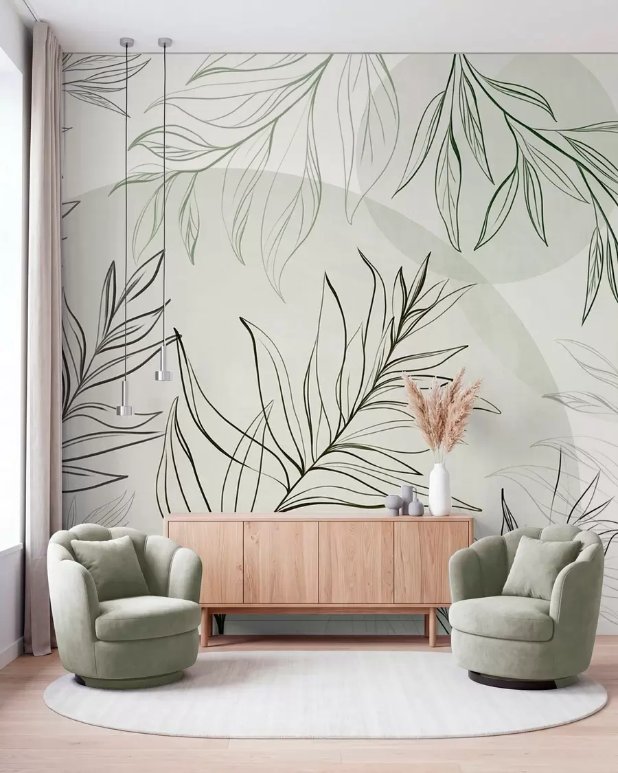 Papier peint Dessin au trait minimaliste représentant des feuilles et du feuillage tropicaux, ainsi que des formes circulaires aux couleurs pastel w10111v2
