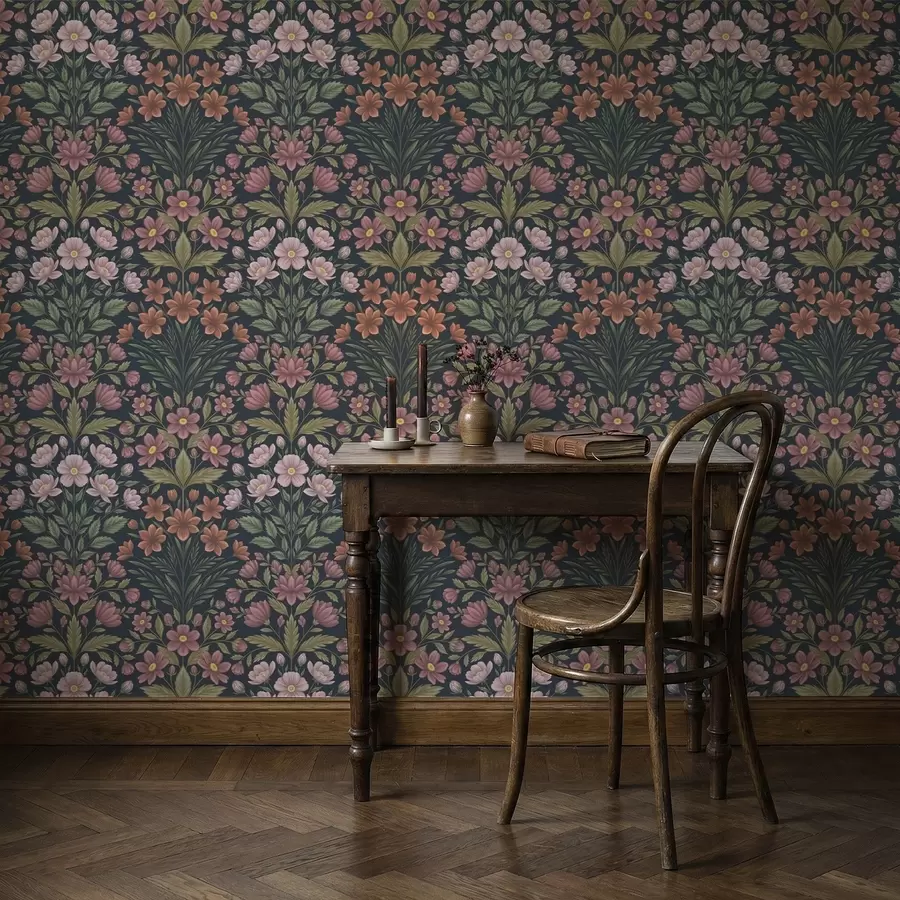 Papier peint Fleurs roses et terracotta sur fond bleu foncé a01279