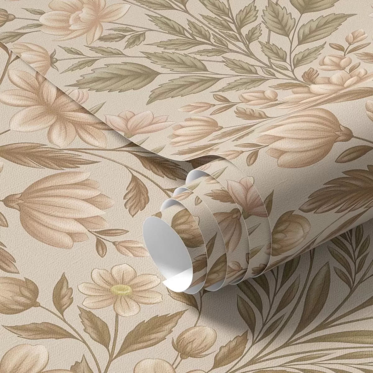 Papier peint Fleurs de pêcher et feuilles vert olive sur fond beige a01279v1