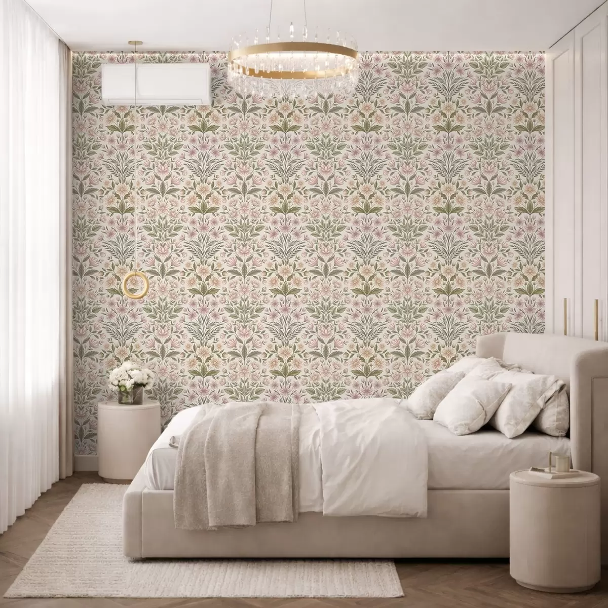 Papier peint Des fleurs rose pâle et des feuilles vert olive sur un fond clair a01279v2