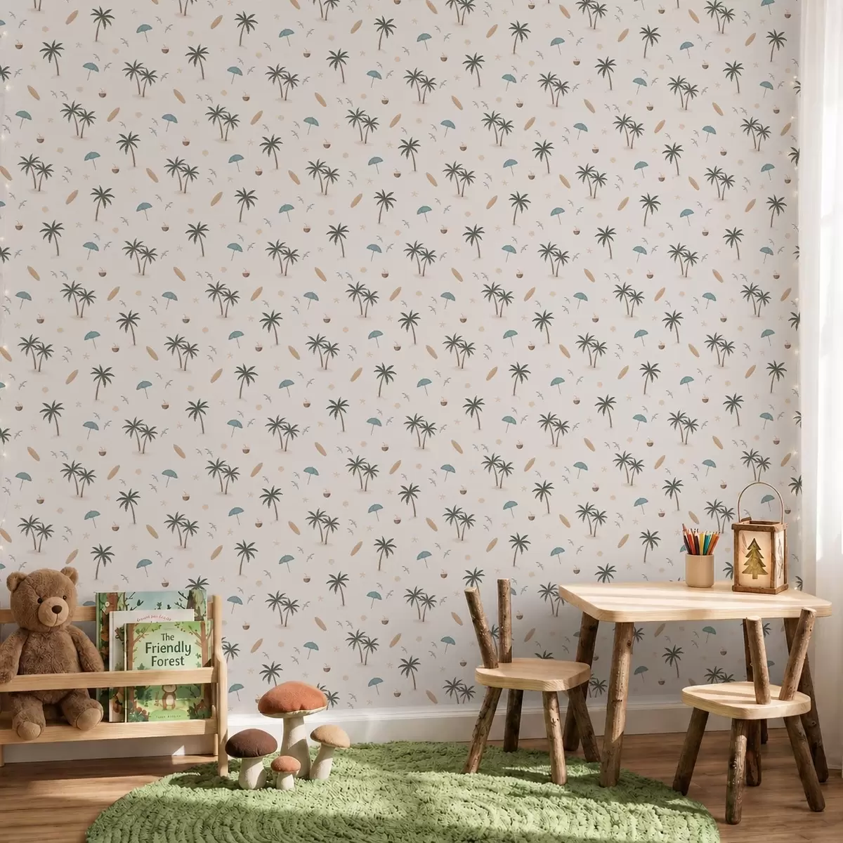 Papier peint Des palmiers tropicaux, des oiseaux et des parasols sur un fond clair a01280