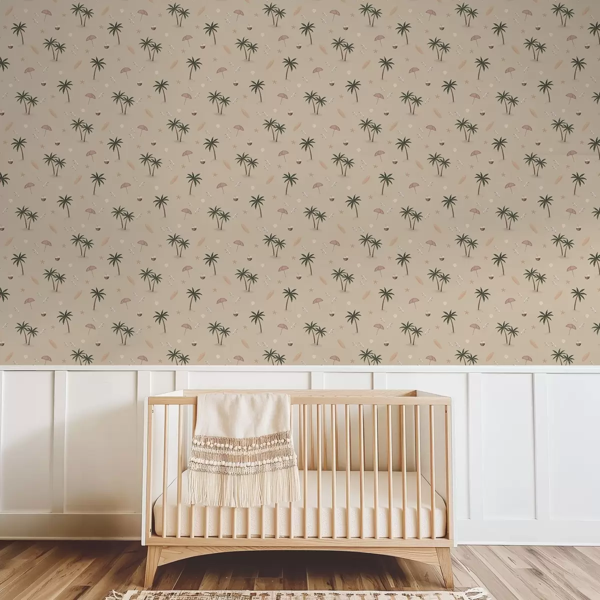Papier peint Des palmiers tropicaux, des oiseaux et des parasols roses sur fond beige a01280v2