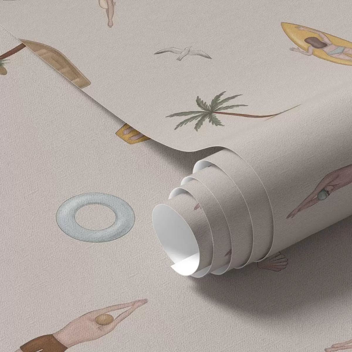Papier peint Des nageurs, un dauphin, un palmier et une planche de surf sur fond beige a01275