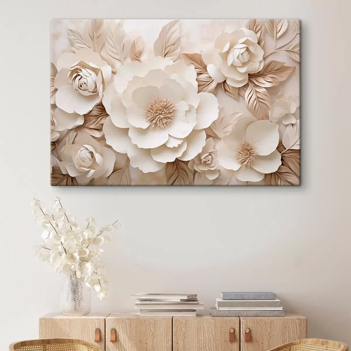 Tableau Relief en plâtre en 3D avec des fleurs blanches s51096