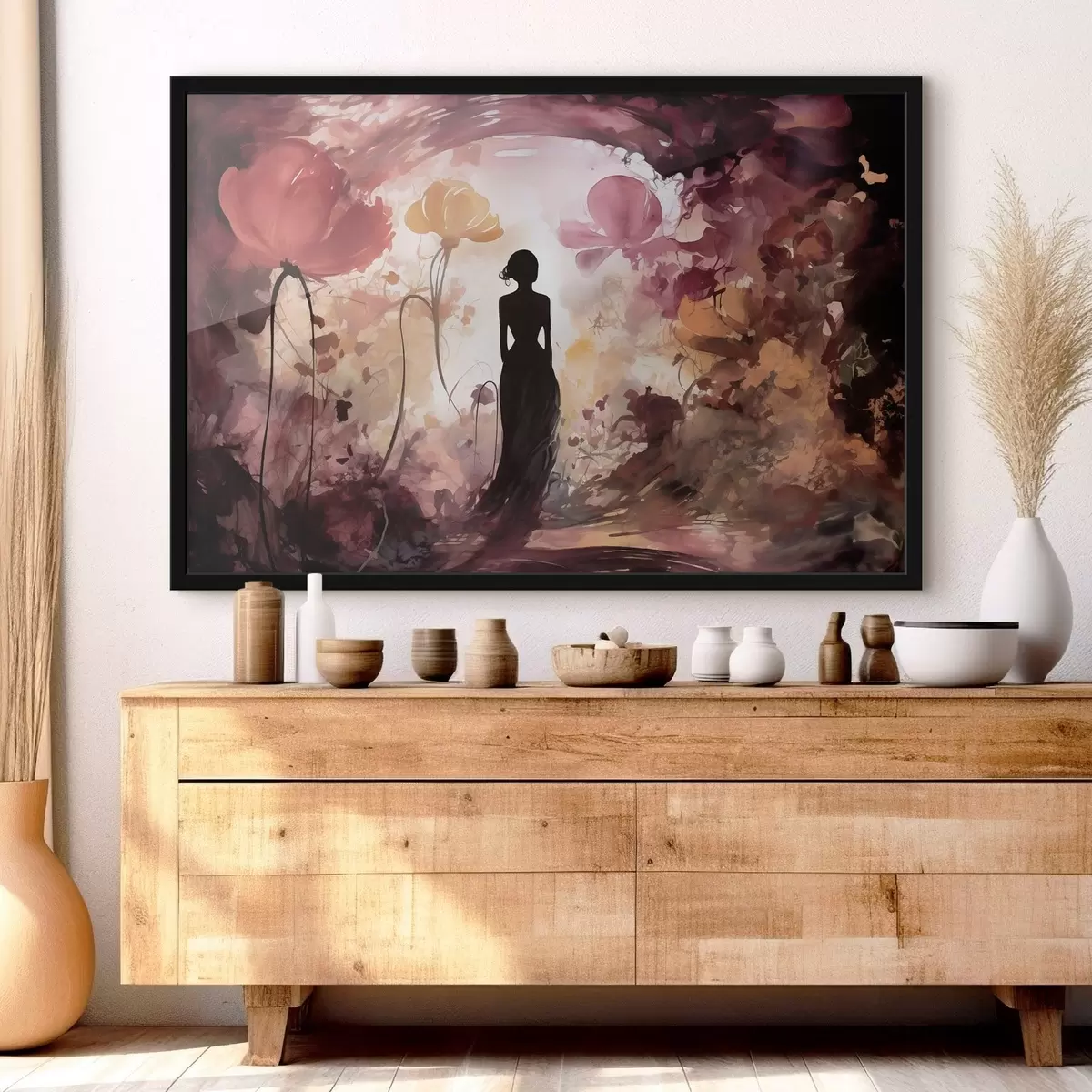 Poster Silhouette d'une femme dans un jardin fleuri digne d'un conte de fées f51081