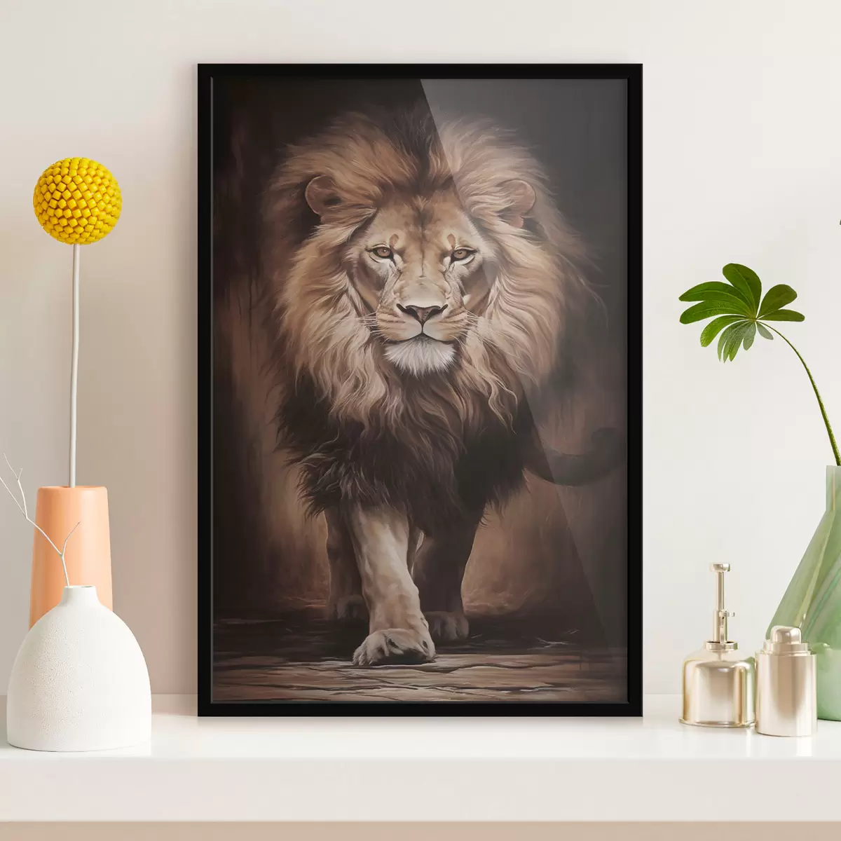 Poster Un lion majestueux dans un intérieur sombre f51087