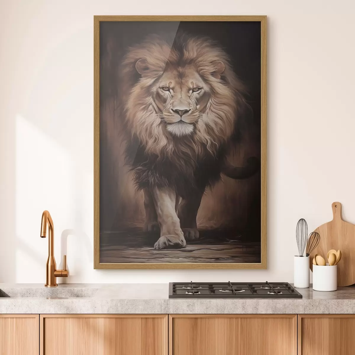 Poster Un lion majestueux dans un intérieur sombre f51087