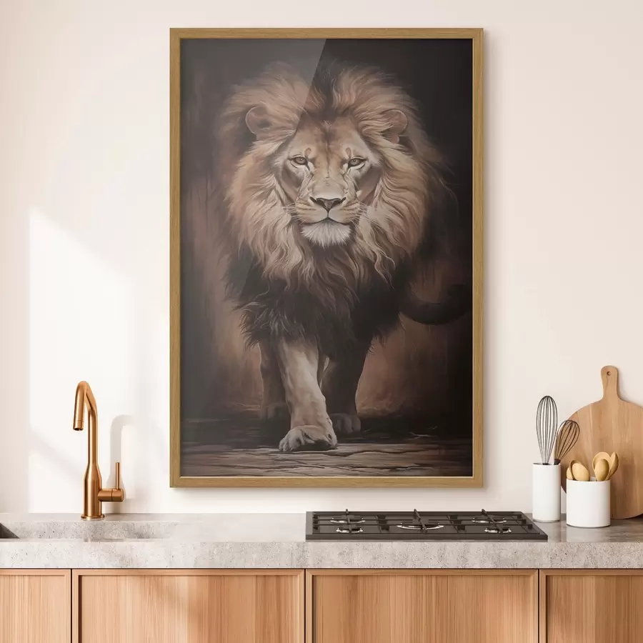 Papier peint Un lion majestueux dans un intérieur sombre f51087