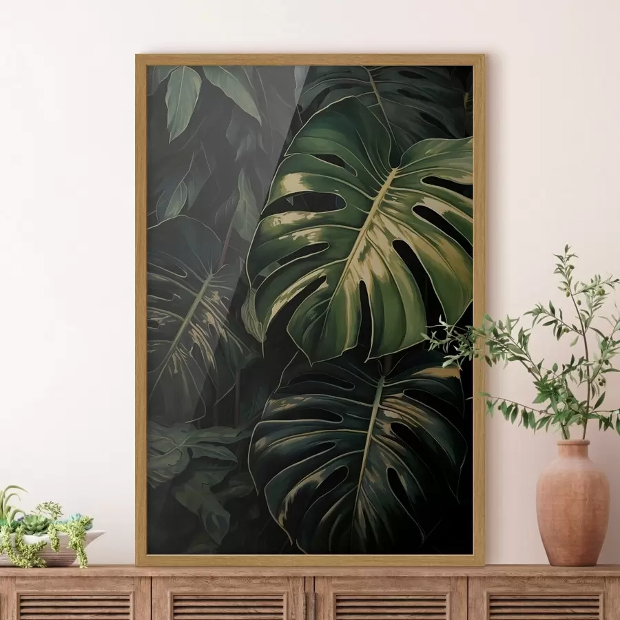 Papier peint Feuilles brillantes de monstera dans les tropiques sombres f51091