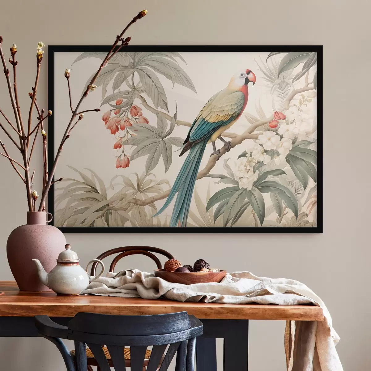 Poster Perroquet tropical sur une branche en fleurs f51094
