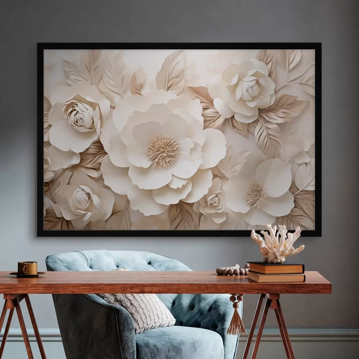 Poster Relief en plâtre en 3D avec des fleurs blanches f51096
