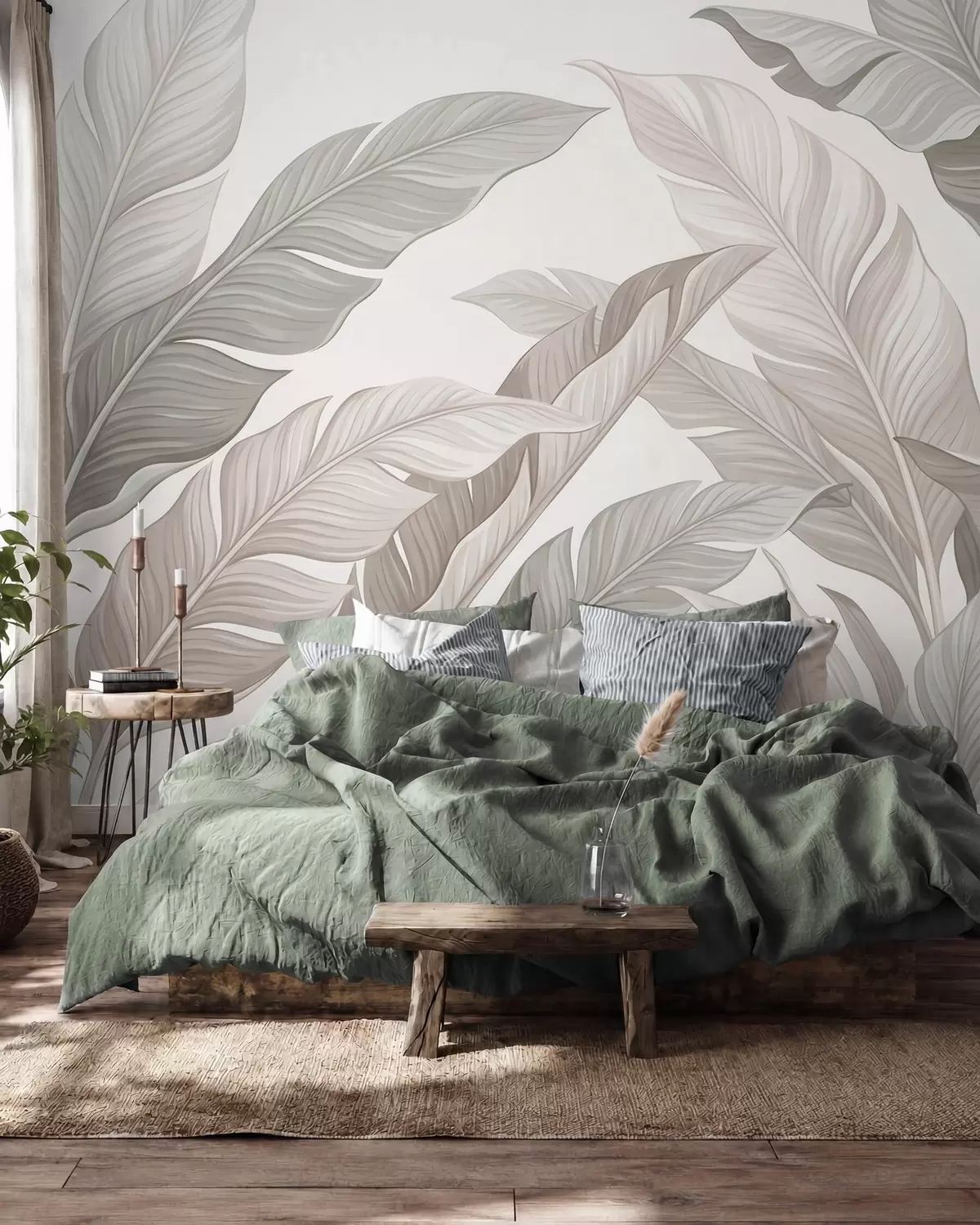 Papier peint Feuilles végétales délicates dans des tons beiges naturels et vert sauge w10089