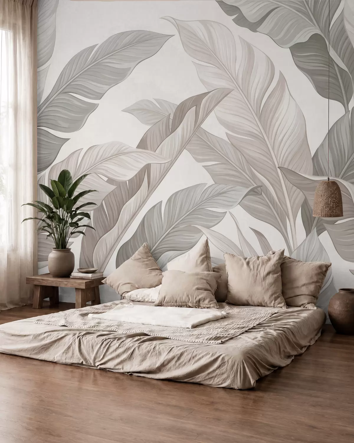Papier peint Feuilles végétales délicates dans des tons beiges naturels et vert sauge w10089