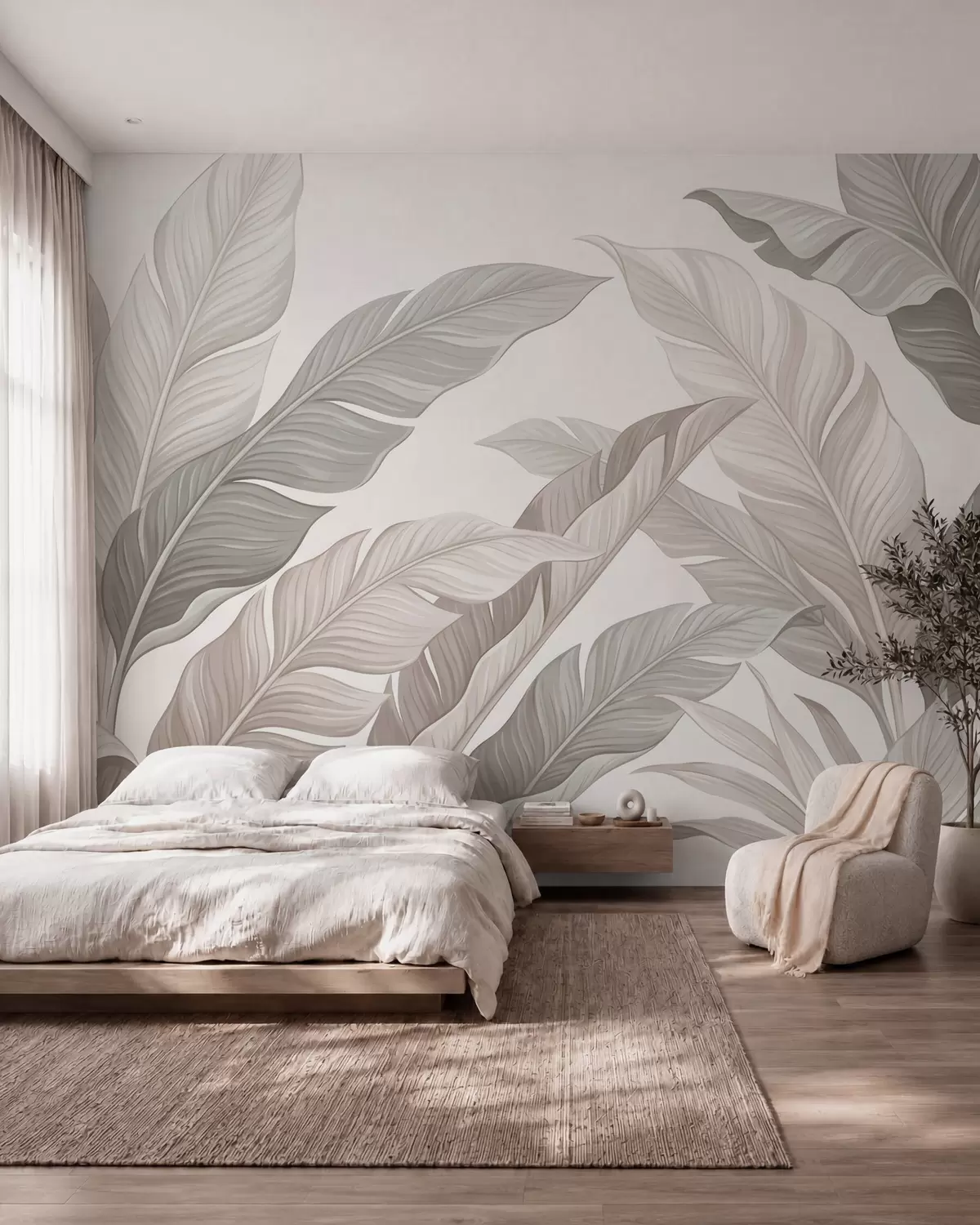 Papier peint Feuilles végétales délicates dans des tons beiges naturels et vert sauge w10089