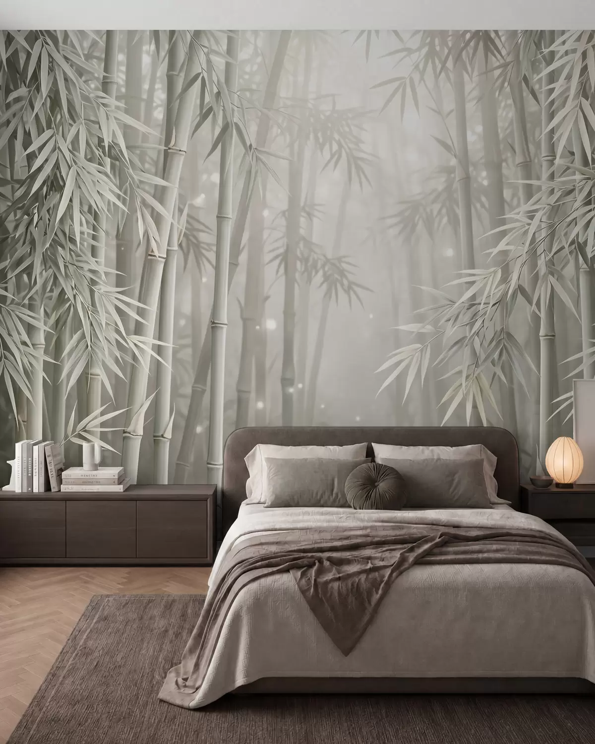 Papier peint Une forêt de bambous mystique, enveloppée d'une brume légère, aux tons olive discrets et blanc laiteux w10090