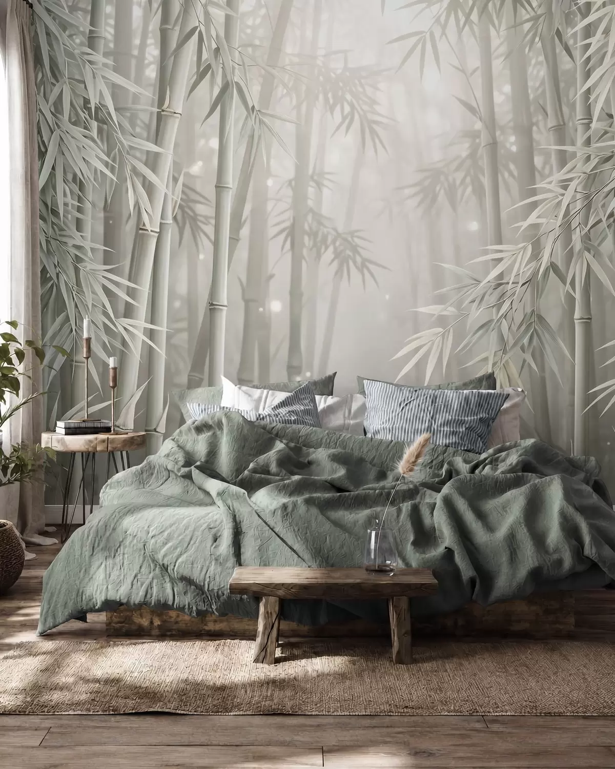 Papier peint Une forêt de bambous mystique, enveloppée d'une brume légère, aux tons olive discrets et blanc laiteux w10090