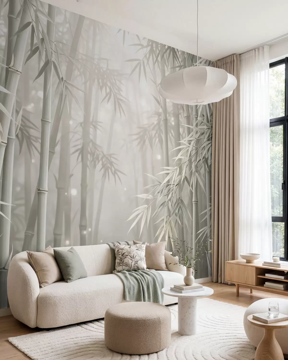 Papier peint Une forêt de bambous mystique, enveloppée d'une brume légère, aux tons olive discrets et blanc laiteux w10090