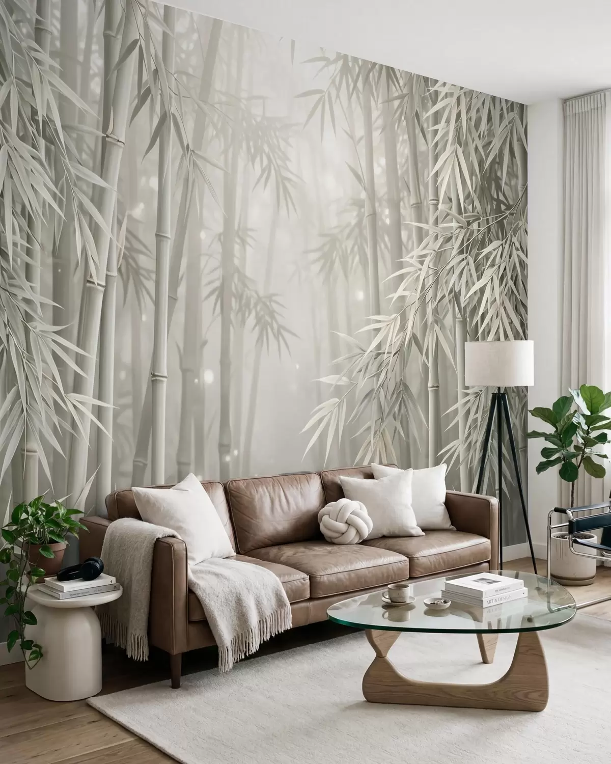 Papier peint Une forêt de bambous mystique, enveloppée d'une brume légère, aux tons olive discrets et blanc laiteux w10090