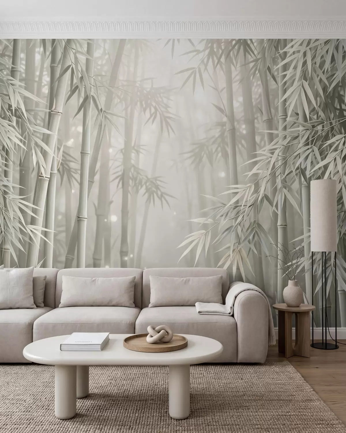 Papier peint Une forêt de bambous mystique, enveloppée d'une brume légère, aux tons olive discrets et blanc laiteux w10090